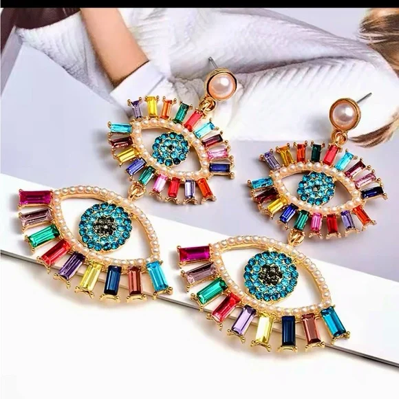 LAST 1! EVIL EYE! Rhinestone and Faux Pearls Large Colorful Dangle Earrings! - Picture 5 of 9